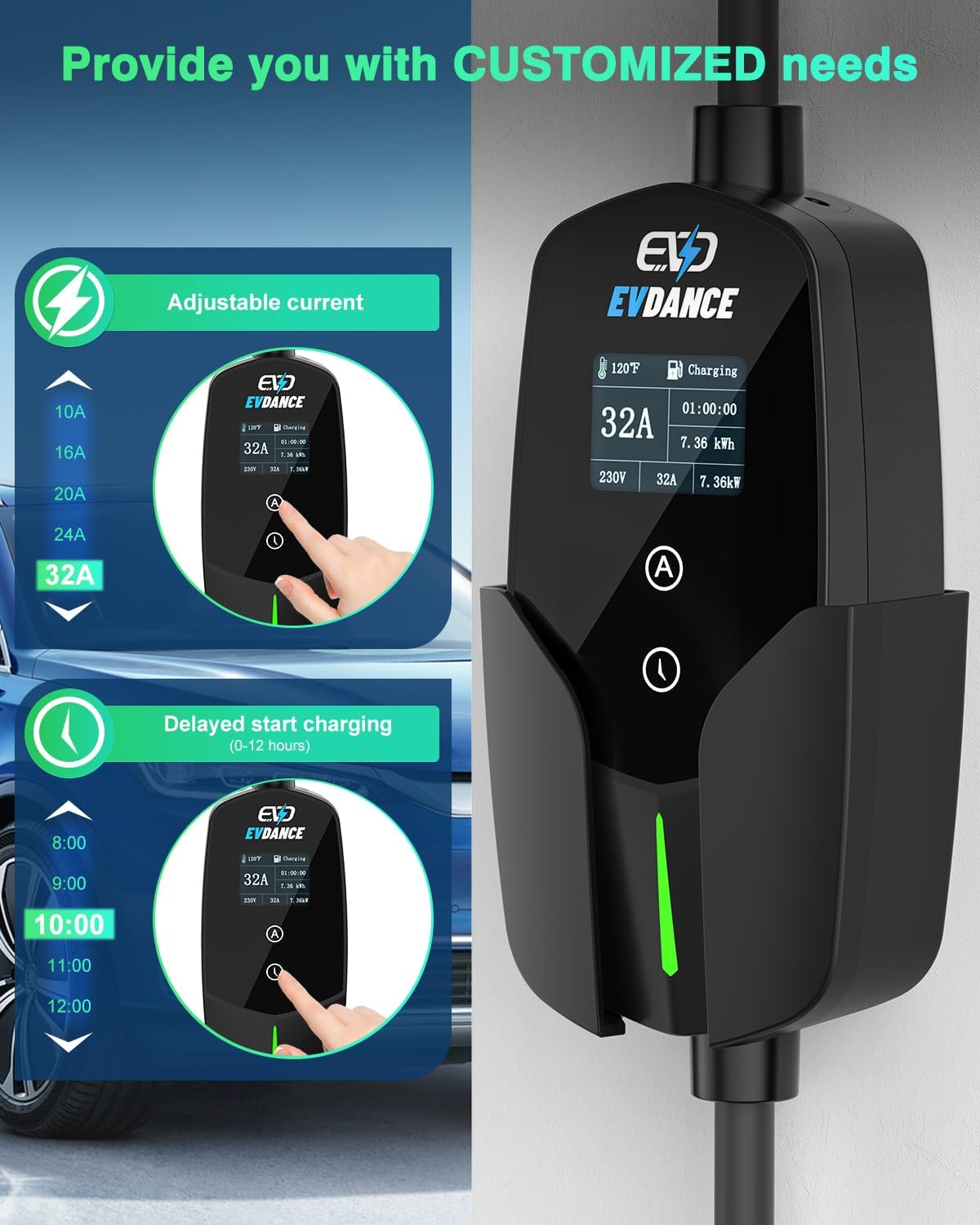 EVDANCE 32A Type 2 EV Charger  - Portable Ev Charger 32A Type 2 Cee Plug 评论和价格