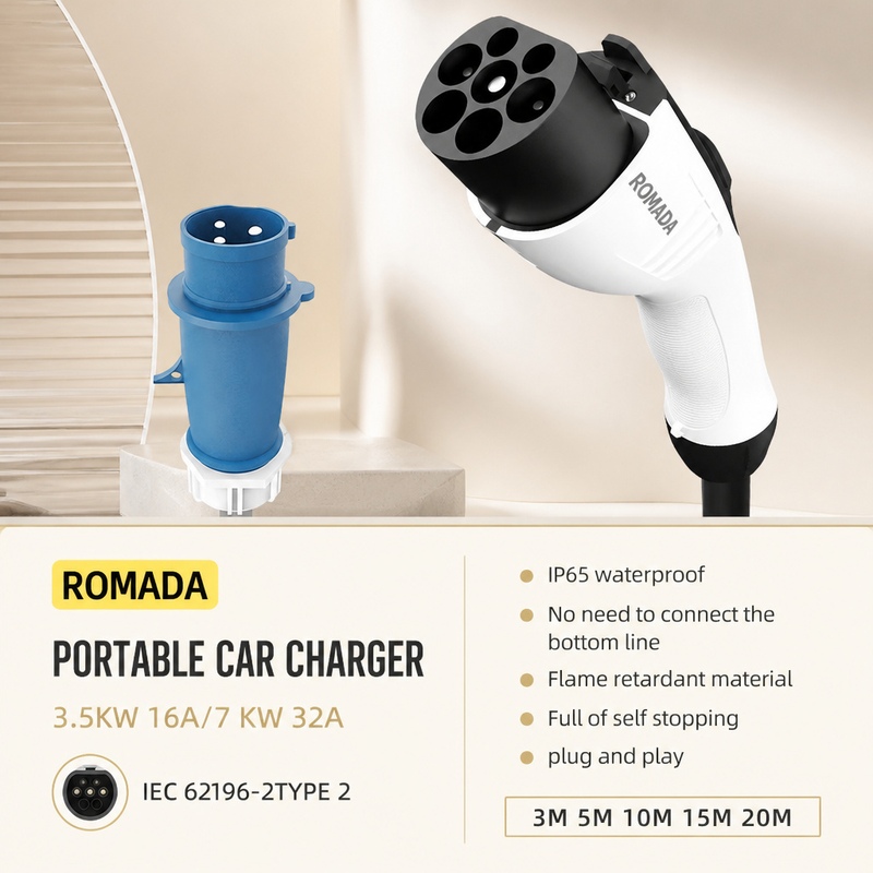 ROMADA 7KW 32A Electric Vehicl - Portable Ev Charger 32A Type 2 Cee Plug 评论和价格